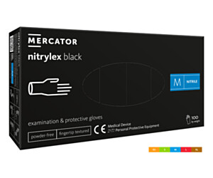 Rękawice nitrylowe bezpudrowe diagnostyczne MERCATOR, nitrylex black, (100 szt.), rozmiar M, czarne