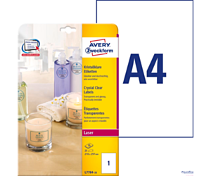 Etykiety Crystal Clear L7784-25 210 x 297 25ark przezroczyste, Avery Zweckform