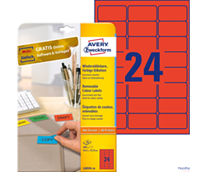 Etykiety czerwone L6034-20 63,5 x 33,9 20 ark. usuwalne Avery Zweckform (X)