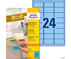 Etykiety niebieskie L6032-20 63,5 x 33,9 20 ark. usuwalne, Avery Zweckform