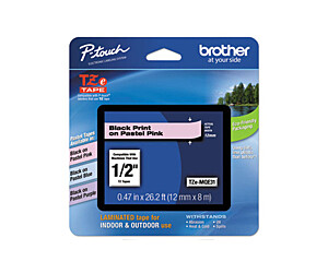 Taśma Brother 12mm x 8m czarny nadruk / pastelowo różowe tło