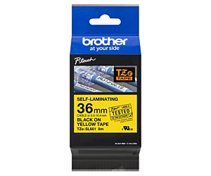 Taśma Brother samolaminująca 36mm x 8m czarny nadruk/żółte tło