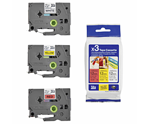 Zestaw trzech taśm Brother TZE231+TZE431+TZE631 | 12mm x 8m czarny nadruk