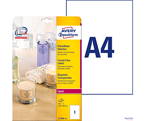 Etykiety Crystal Clear L7784-25 210 x 297 25ark przezroczyste, Avery Zweckform