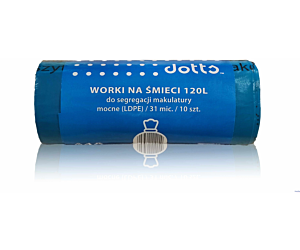 Worki na śmieci 120l 10szt., DOTTS, do segregacji makulatury, NADRUK, mocne (LDPE), 31mic., niebieskie